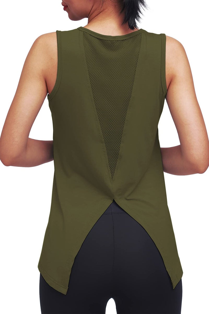 Mippo Workout Tops for Women Yoga Clothes Running Shirts Tie Back Tanks Tennis Shirts Athletic Exercise Tops Army Green S - Image 3